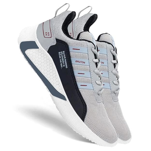BRUTON Men's Lightweight Mesh Sneakers | Breathable Lace-Up Casual Shoes for Walking, Gym, Running, Office White Grey