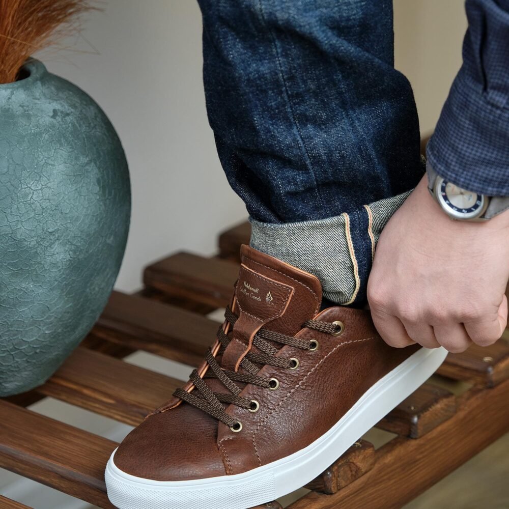 Brown Leather Sneakers with white real Rubber Margom sole, Minimalist Handmade tennis shoes, casual comfort men Low-Top Trainers / Seaway