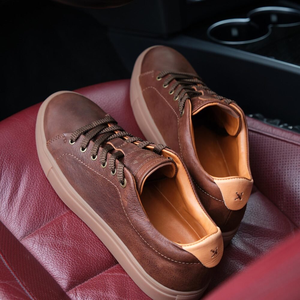 All Brown Leather Sneakers with Honey Brown real Rubber Margom sole, Handmade tennis shoes, casual comfort men Low-Top Trainers / Seaway