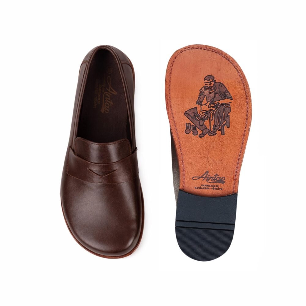 Men's Barefoot DARK BROWN SMOOTH Leather Shoes, Classic Comfort & Style: Handmade, Penny Slip On