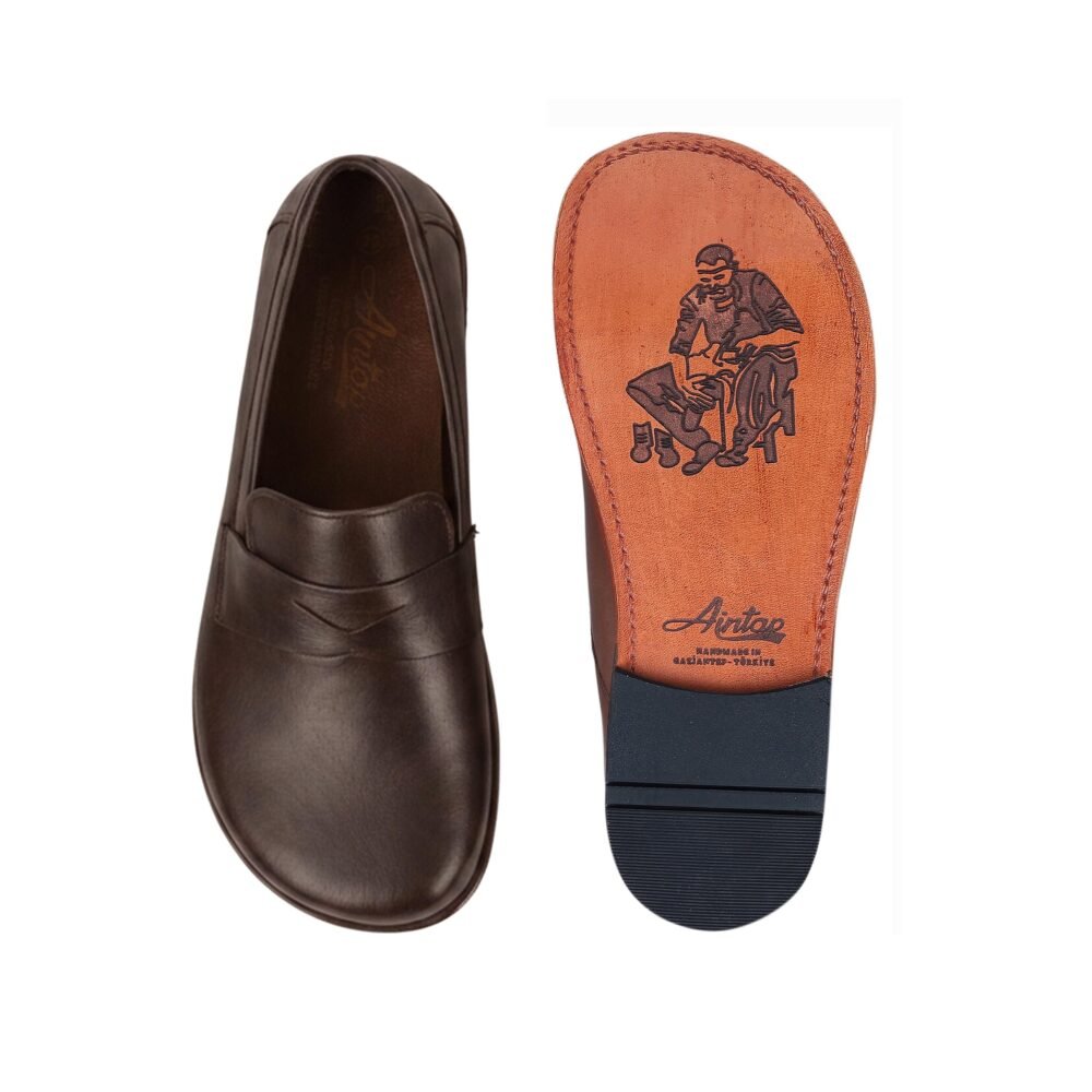 Men's Barefoot DARK BROWN CRAZY Leather Shoes, Classic Comfort & Style: Handmade, Penny Slip On