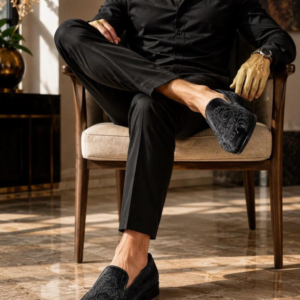 Black Men's Slip-On Dress Shoe-Faux Suede-Paisley Print-Fashionable-Italian Design-Luxury Comfort Dress Shoe- Wedding Prom Shoe