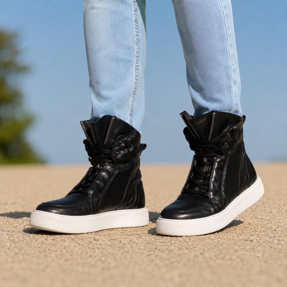 Men’s Black Leather Sneaker Boots, High Top Leather Sneakers, Handmade Designer Sneakers, Casual Leather Boots for Men