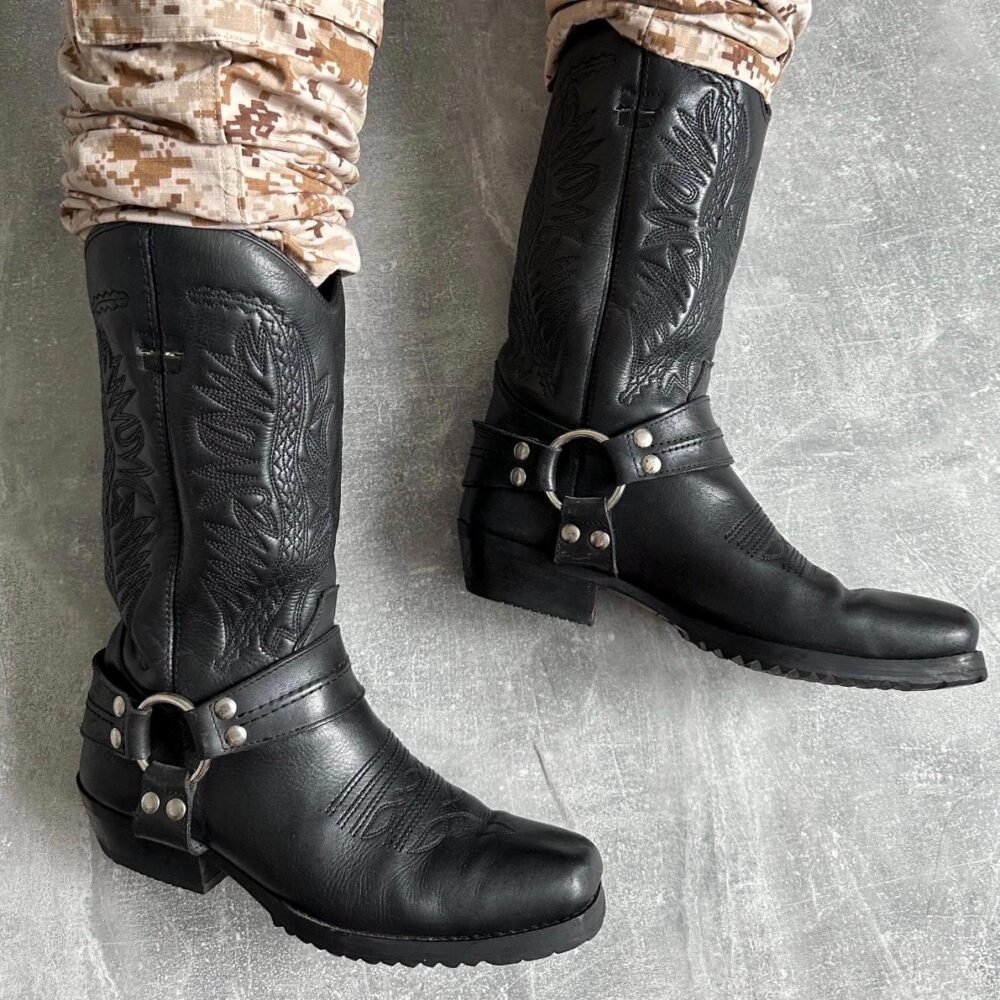 Leather Biker Boots Black Western Cowboy Statement Shoes